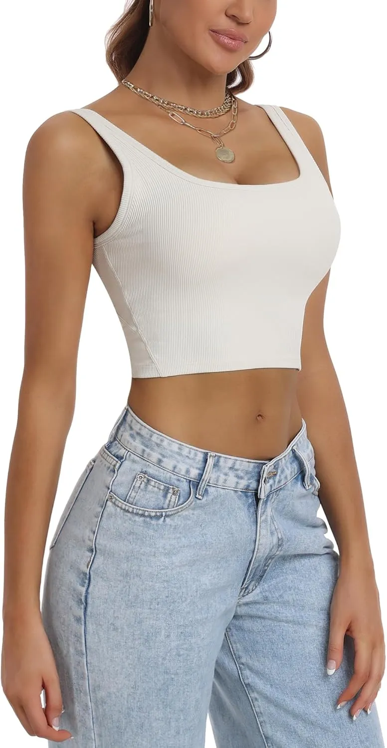 HORISUN Womens Sports Bra Longline Padded Wirefree Workout Tops Medium Support Seamless Ribbed Crop Tops Gym Yoga Tank Shirts