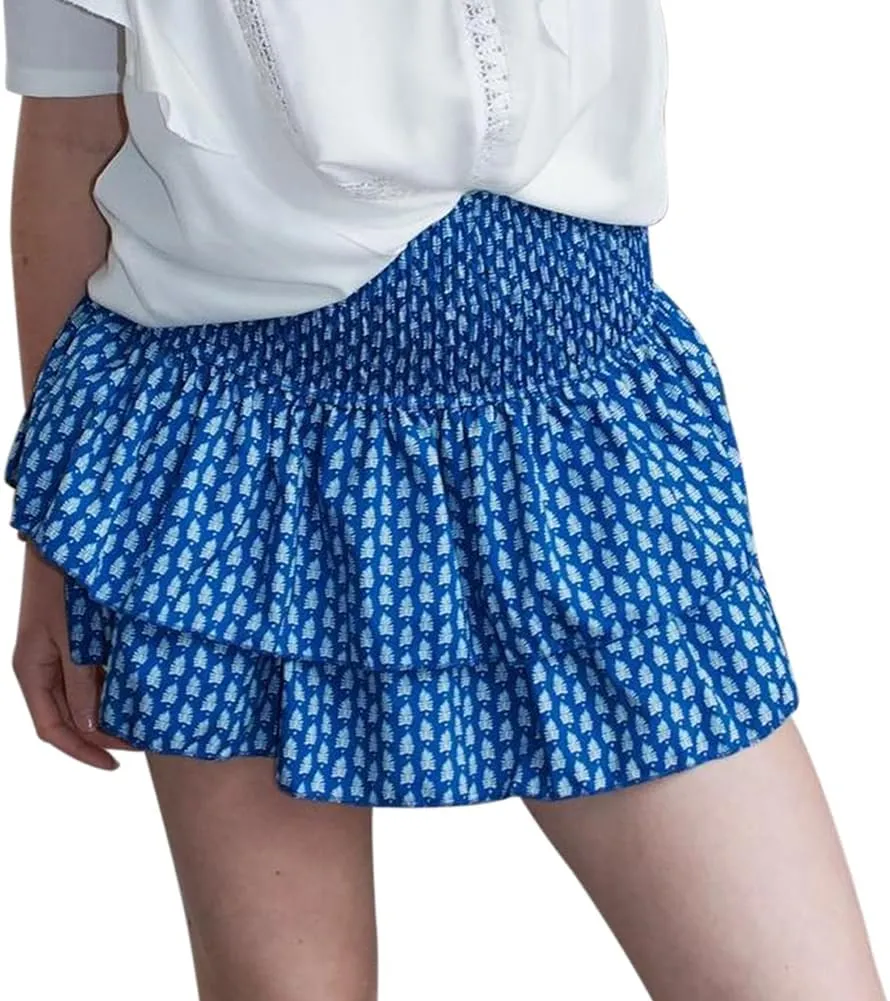 IMISSILLEB Women Ruffle Mini Skirt Smocked Waist Pleated Layered Tiered Flared Skirts Girls A Line Short Flowy Skater Skirt