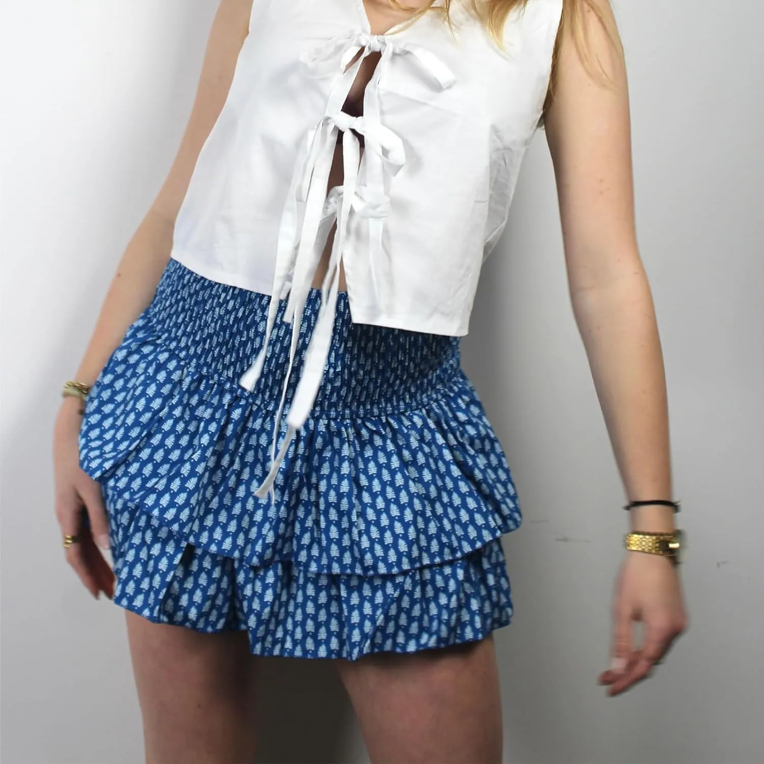 IMISSILLEB Women Ruffle Mini Skirt Smocked Waist Pleated Layered Tiered Flared Skirts Girls A Line Short Flowy Skater Skirt