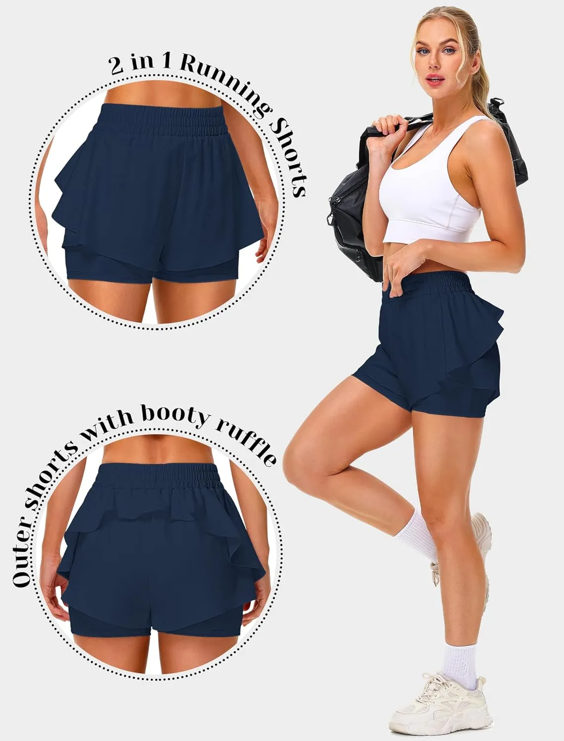 IWD Women's Running Shorts, High Waisted 2 in 1 Workout Athletic Shorts with Liner and Pockets, Summer Activewear