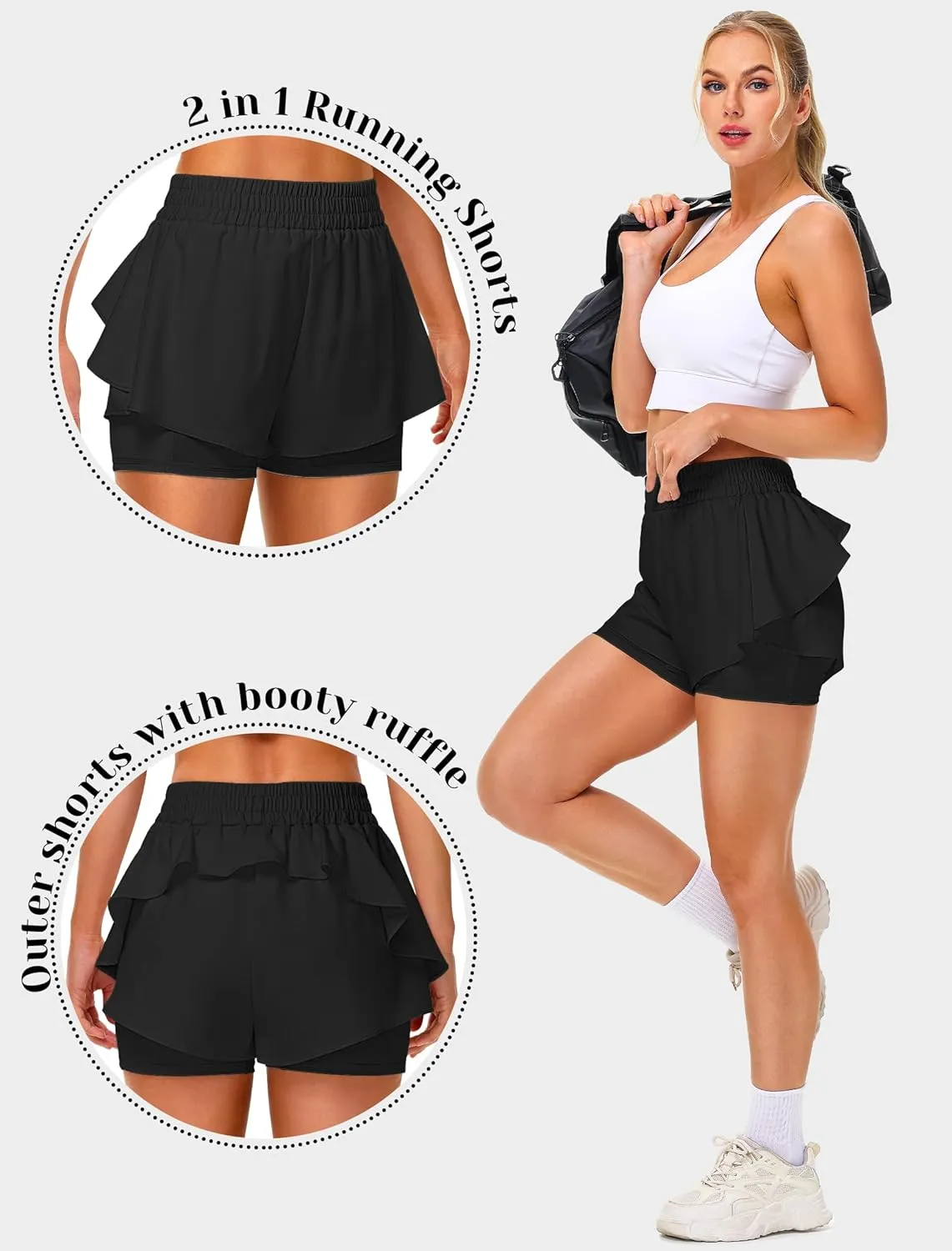 IWD Women's Running Shorts, High Waisted 2 in 1 Workout Athletic Shorts with Liner and Pockets, Summer Activewear