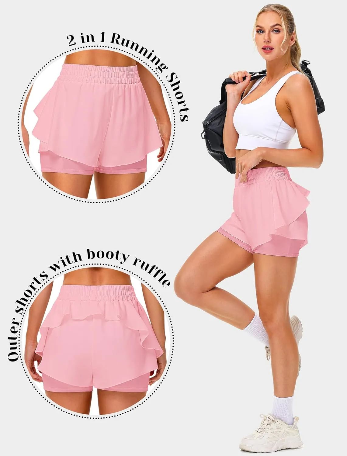 IWD Women's Running Shorts, High Waisted 2 in 1 Workout Athletic Shorts with Liner and Pockets, Summer Activewear