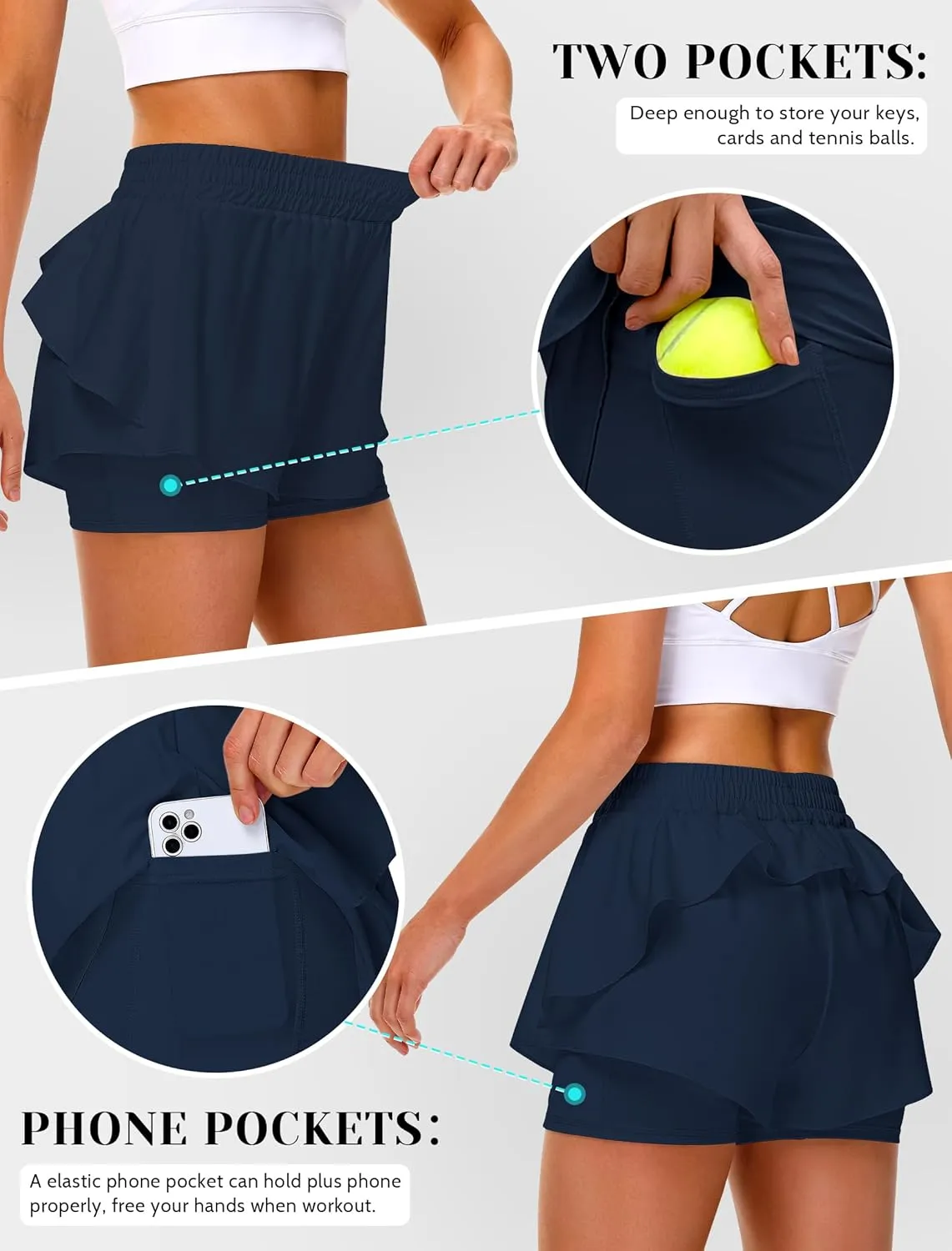 IWD Women's Running Shorts, High Waisted 2 in 1 Workout Athletic Shorts with Liner and Pockets, Summer Activewear