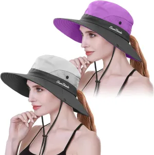 IYEBRAO 2 Pack Womens Ponytail Sun Hat UV Protection Bucket Hats Foldable Wide Brim Summer Boonie Beach Cap Fishing Hiking…