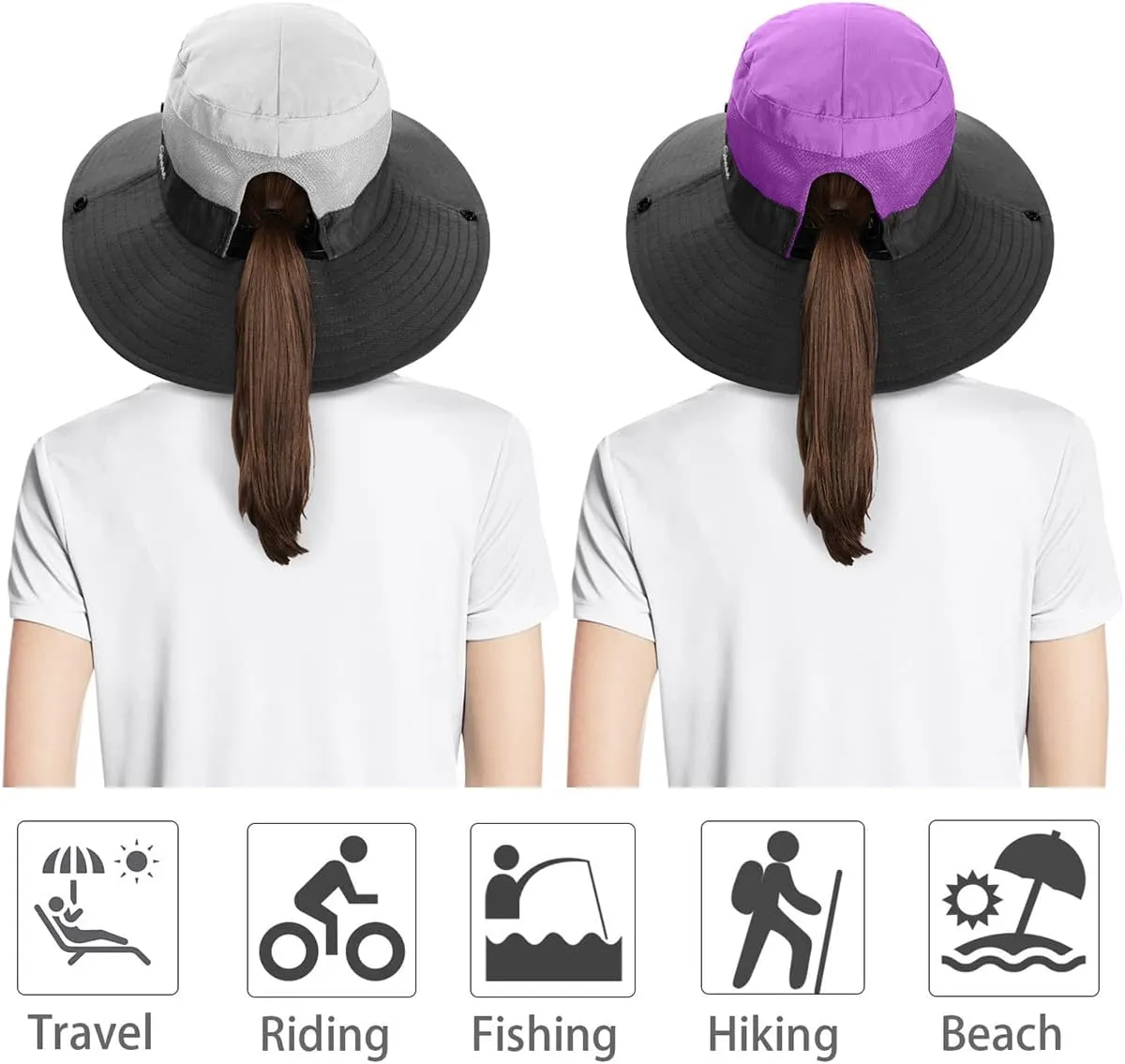 IYEBRAO 2 Pack Womens Ponytail Sun Hat UV Protection Bucket Hats Foldable Wide Brim Summer Boonie Beach Cap Fishing Hiking…