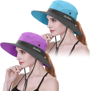 IYEBRAO 2 Pack Womens Ponytail Sun Hat UV Protection Bucket Hats Foldable Wide Brim Summer Boonie Beach Cap Fishing Hiking…