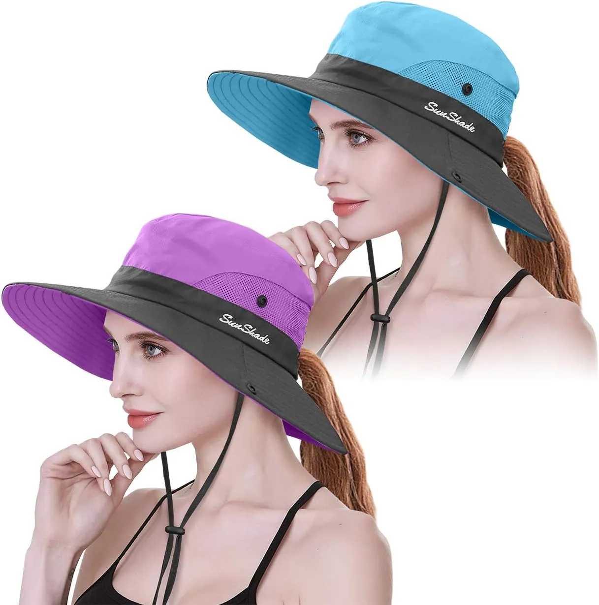 IYEBRAO 2 Pack Womens Ponytail Sun Hat UV Protection Bucket Hats Foldable Wide Brim Summer Boonie Beach Cap Fishing Hiking…