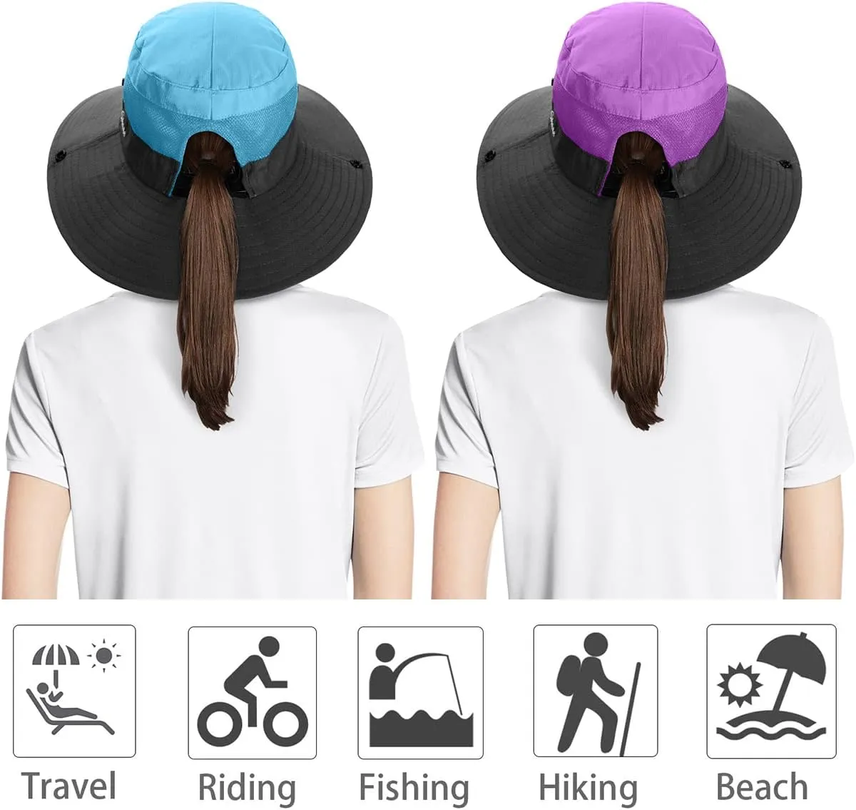 IYEBRAO 2 Pack Womens Ponytail Sun Hat UV Protection Bucket Hats Foldable Wide Brim Summer Boonie Beach Cap Fishing Hiking…