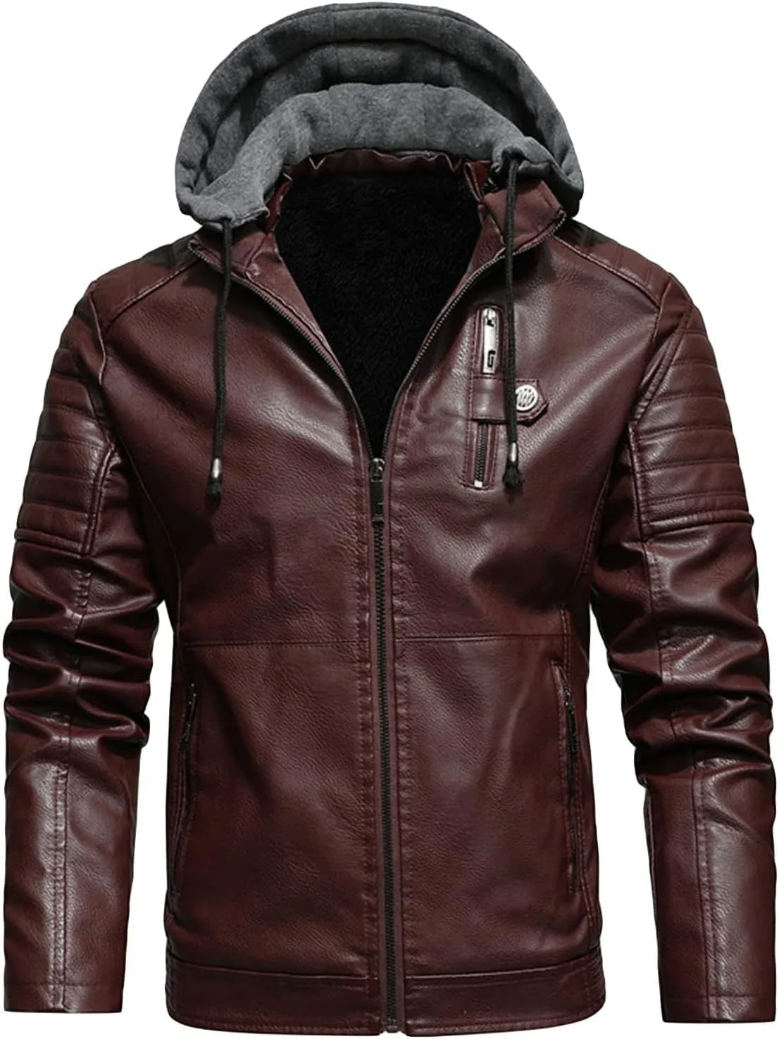 JEShifangjiusu Men'S Sheepskin Shearling Hooded PU Leather Padded Jacket Aviator Coat Winter Motorcycle Biker Bomber Jacket