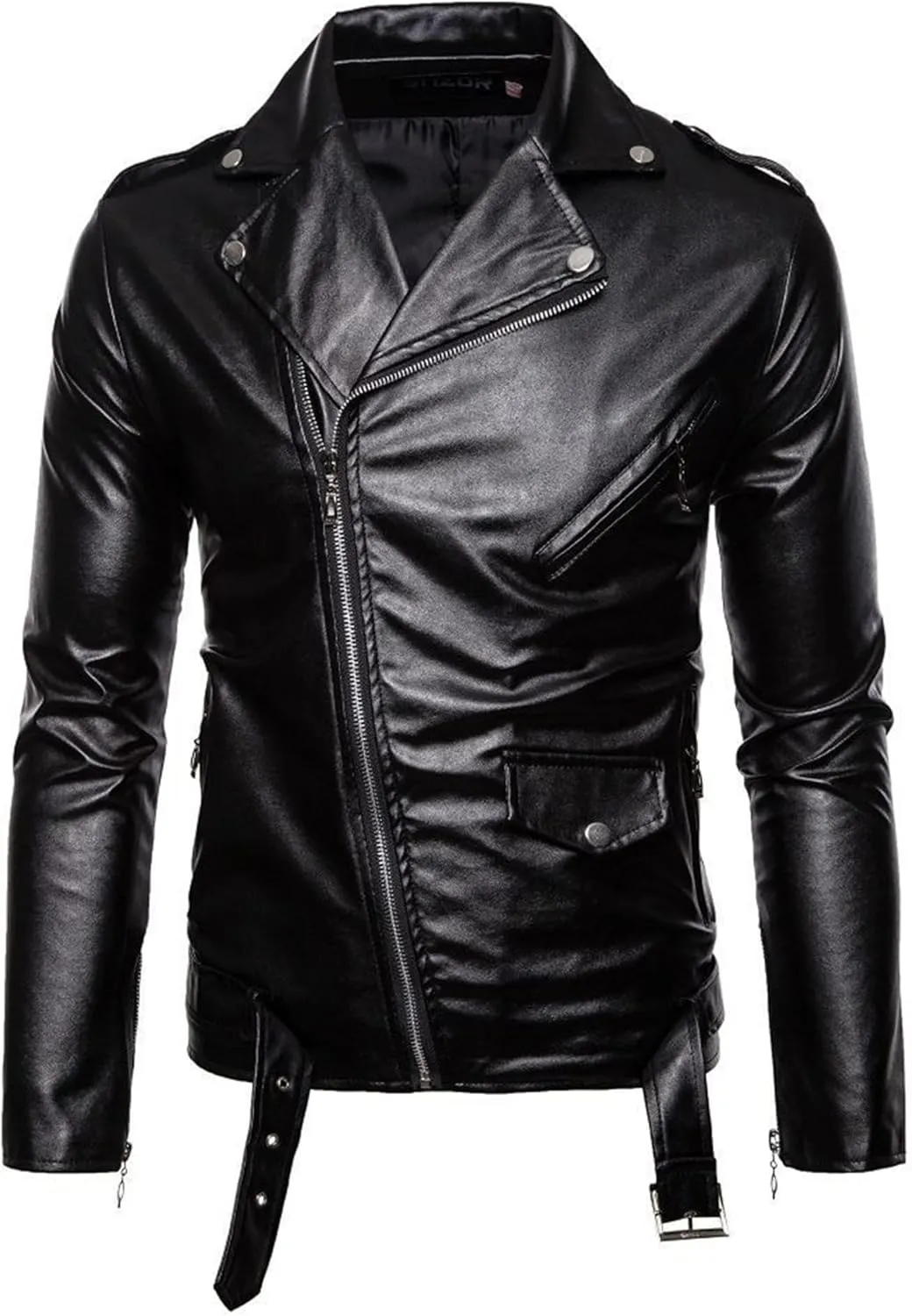 JEsilunmaMY Men's Asymmetric Zip Belt Leather Jacket Suit Collar Vintage Motorcycle Biker Jacket Winter Slim Bomber Jacket