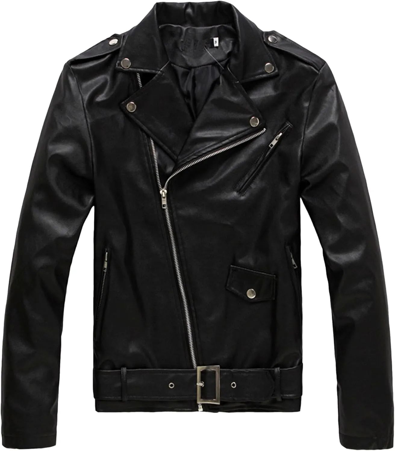 JEsilunmaMY Men's Asymmetric Zip Belt Leather Jacket Suit Collar Vintage Motorcycle Biker Jacket Winter Slim Bomber Jacket