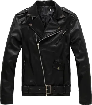 JEsilunmaMY Men's Asymmetric Zip Belt Leather Jacket Suit Collar Vintage Motorcycle Biker Jacket Winter Slim Bomber Jacket