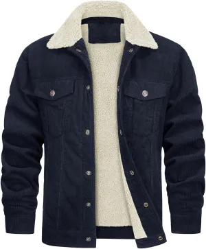 JEsilunmaMY Men's Button Down Corduroy Jacket Long Sleeve Sherpa Lined Trucker Jacket Casual Cotton Cargo Warm Winter Jacket