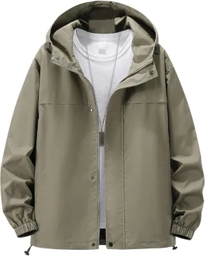 JEsilunmaMY Men's Cotton Cargo Casual Hooded Jackets Zip Up Lightweight Waterproof Varsity Coat Solid Color Loose Bomber Coat