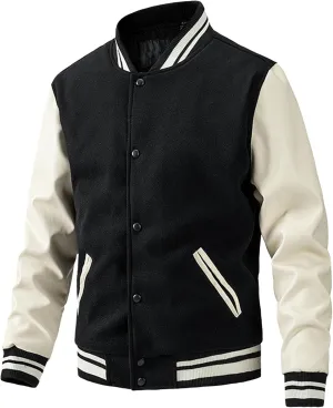JEsilunmaMY Men's Fashion Varsity Jacket Casual Leather Sleeve Quilted Bomber Jacket Wool Blend College Baseball Jacket