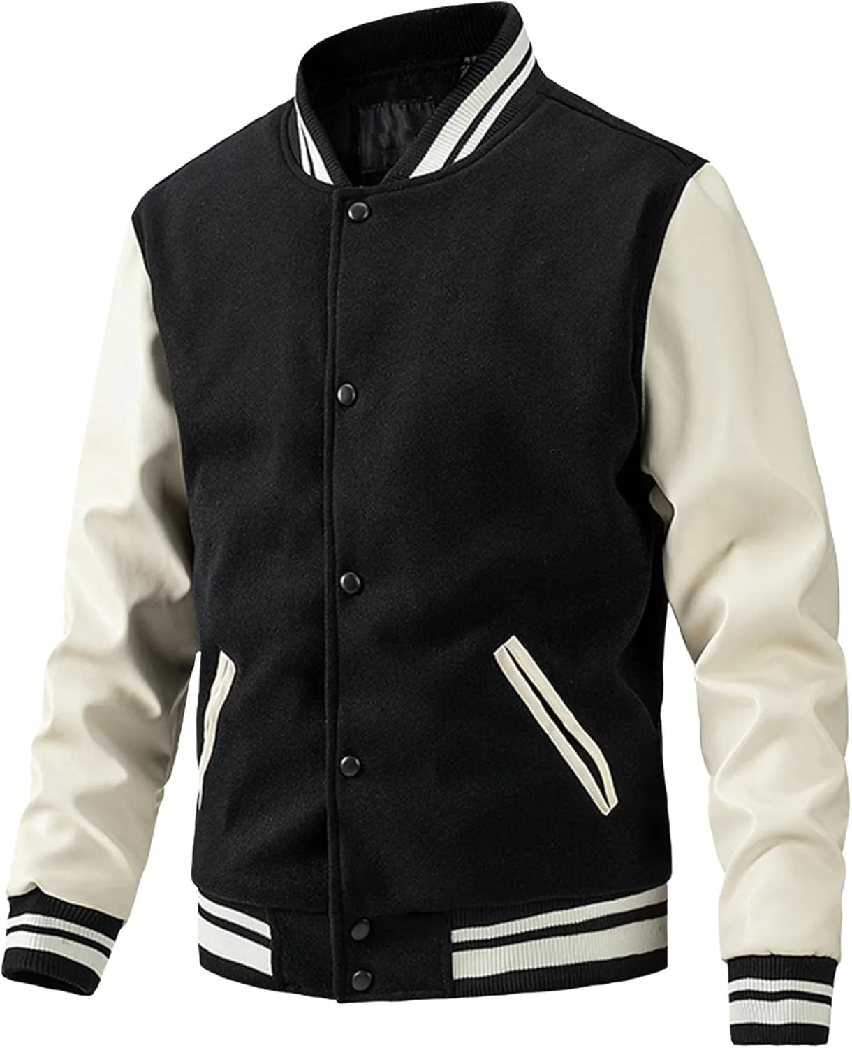JEsilunmaMY Men's Fashion Varsity Jacket Casual Leather Sleeve Quilted Bomber Jacket Wool Blend College Baseball Jacket