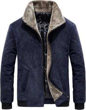 JEsilunmaMY Men's Fur Collar Winter Corduroy Jacket Full Zip Casual Cotton Quilted Jacket Warm Thicken Business Bomber Jacket