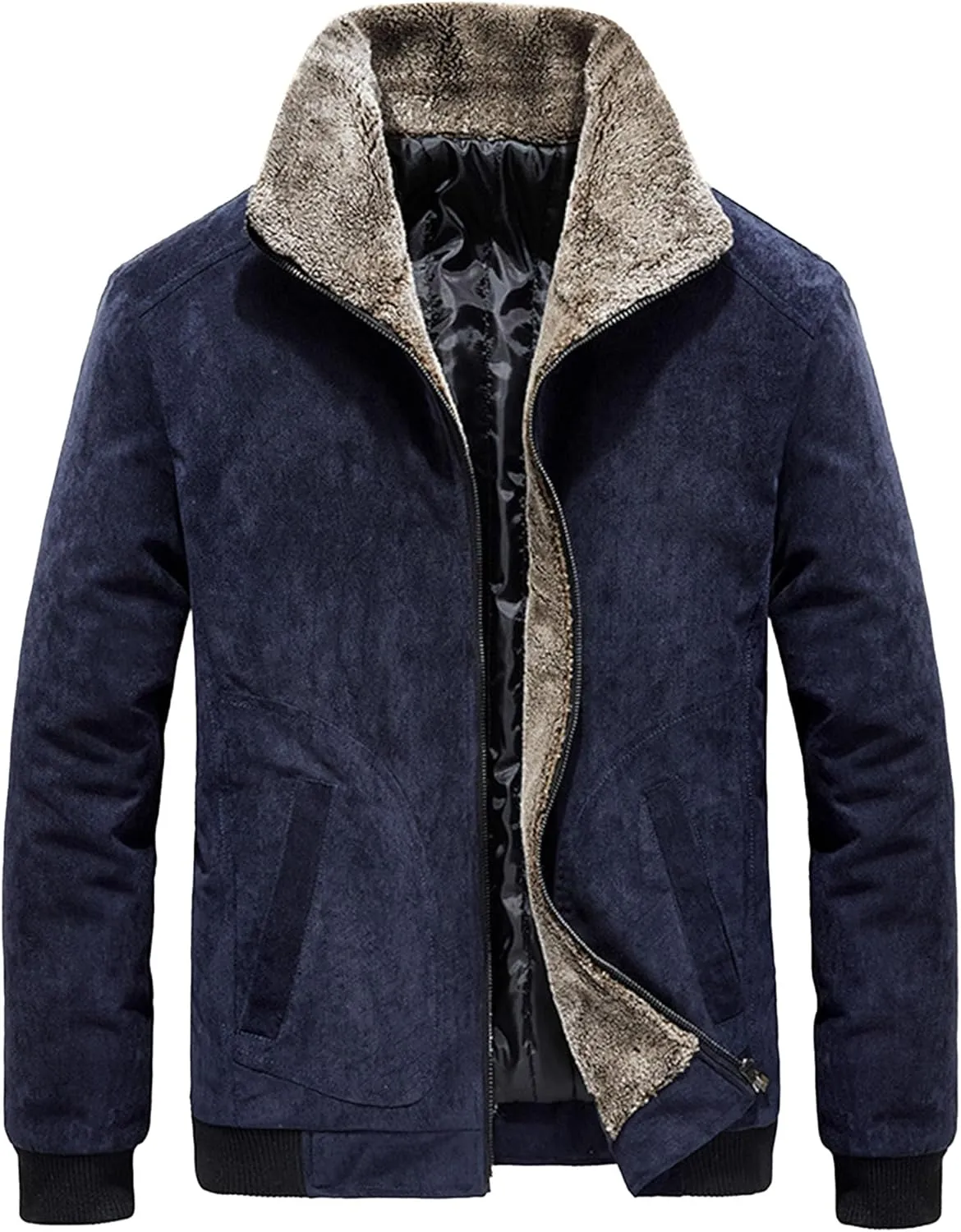 JEsilunmaMY Men's Fur Collar Winter Corduroy Jacket Full Zip Casual Cotton Quilted Jacket Warm Thicken Business Bomber Jacket