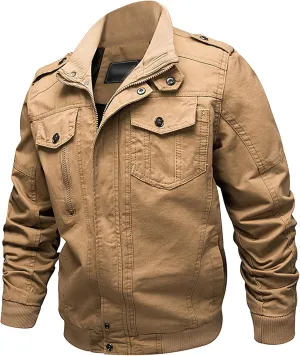 JEsilunmaMY Men's Loose Outdoor Cotton Military Jacket Stand Collar Multi-Pocket Cargo Coat Casual Bomber Jacket Windbreaker