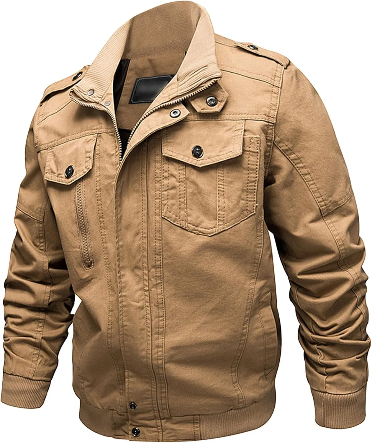 JEsilunmaMY Men's Loose Outdoor Cotton Military Jacket Stand Collar Multi-Pocket Cargo Coat Casual Bomber Jacket Windbreaker
