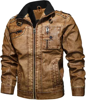 JEsilunmaMY Men's Retro Motorcycle Leather Jacket Full Zip Stand Collar Casual Bomber Jacket Distressed Moto Biker Coats