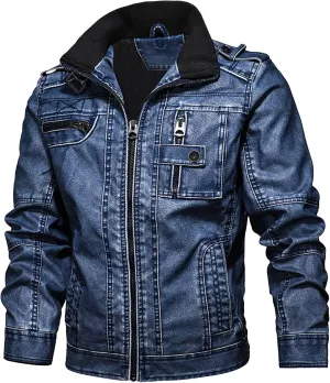 JEsilunmaMY Men's Retro Motorcycle Leather Jacket Full Zip Stand Collar Casual Bomber Jacket Distressed Moto Biker Coats
