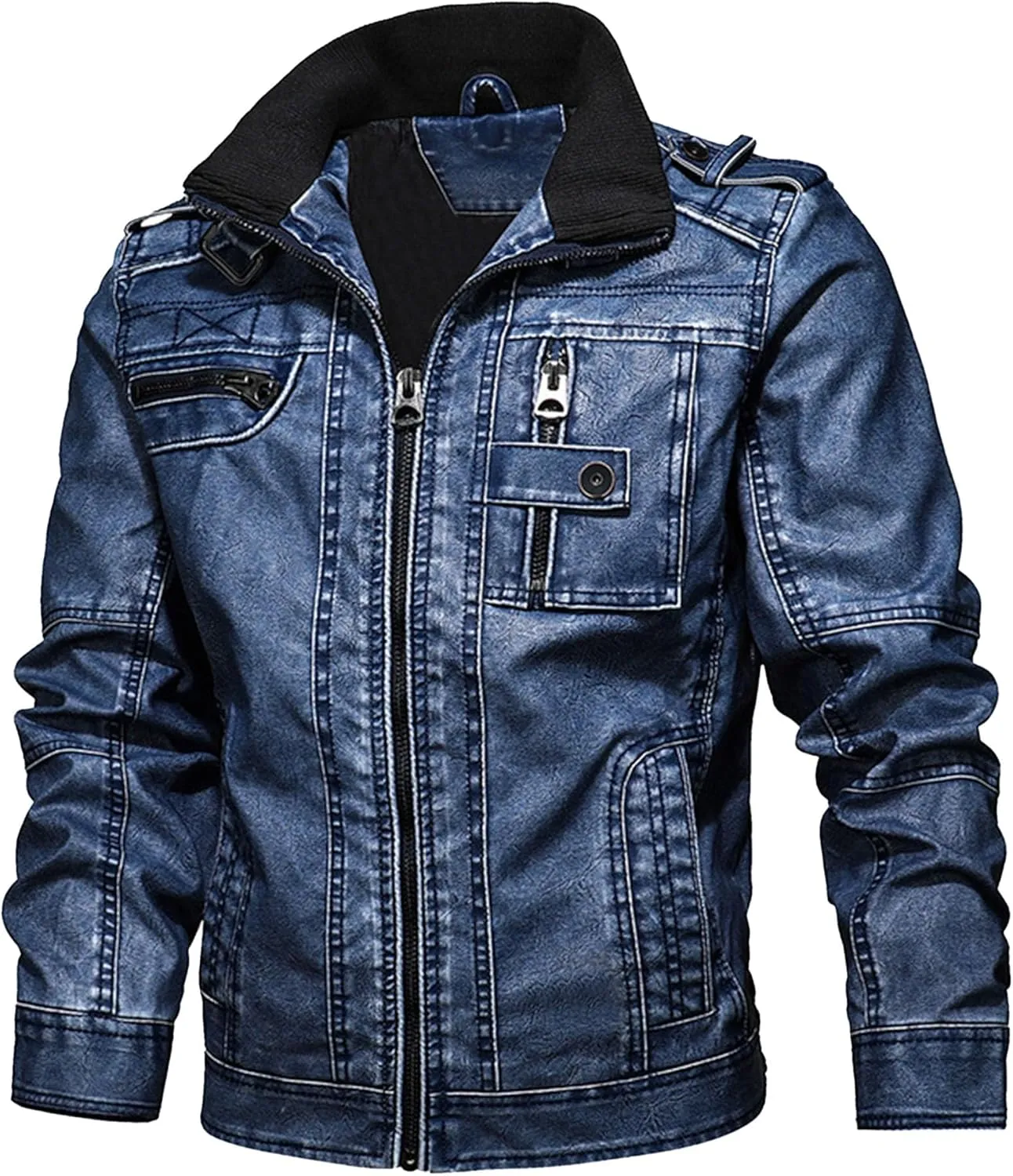 JEsilunmaMY Men's Retro Motorcycle Leather Jacket Full Zip Stand Collar Casual Bomber Jacket Distressed Moto Biker Coats
