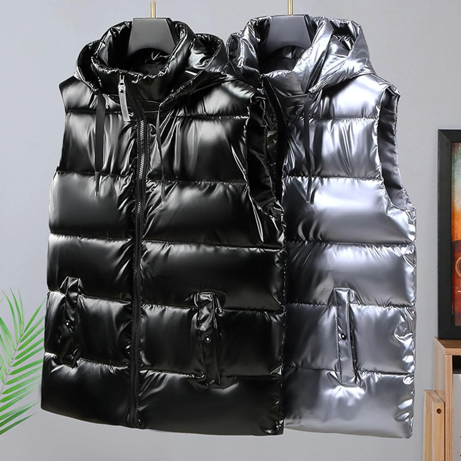 JEsilunmaMY Men's Shiny Winter Hooded Puffer Vest Sleeveless Thicken Warm Cotton Cargo Vest Fashion Padded Down Vest Jacket