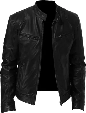 JEsilunmaMY Men's Solid Color PU Leather Jacket Stand Collar Motorcycle Biker Coats Warm Winter Punk Slim Bomber Outwear