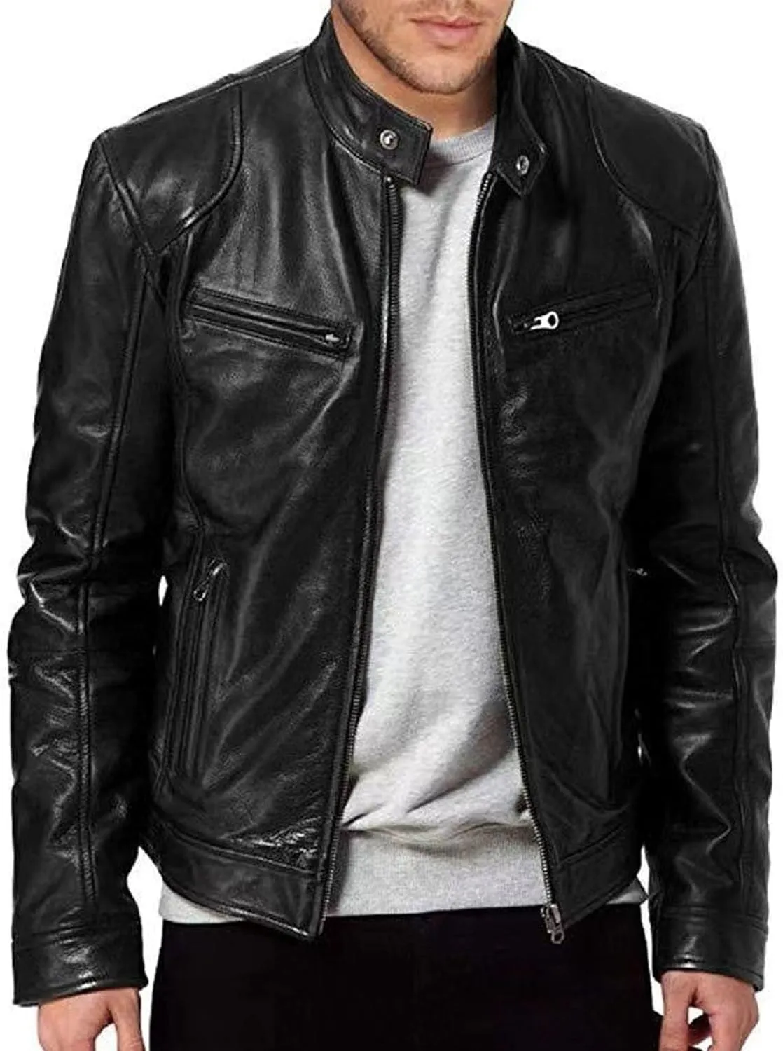 JEsilunmaMY Men's Solid Color PU Leather Jacket Stand Collar Motorcycle Biker Coats Warm Winter Punk Slim Bomber Outwear