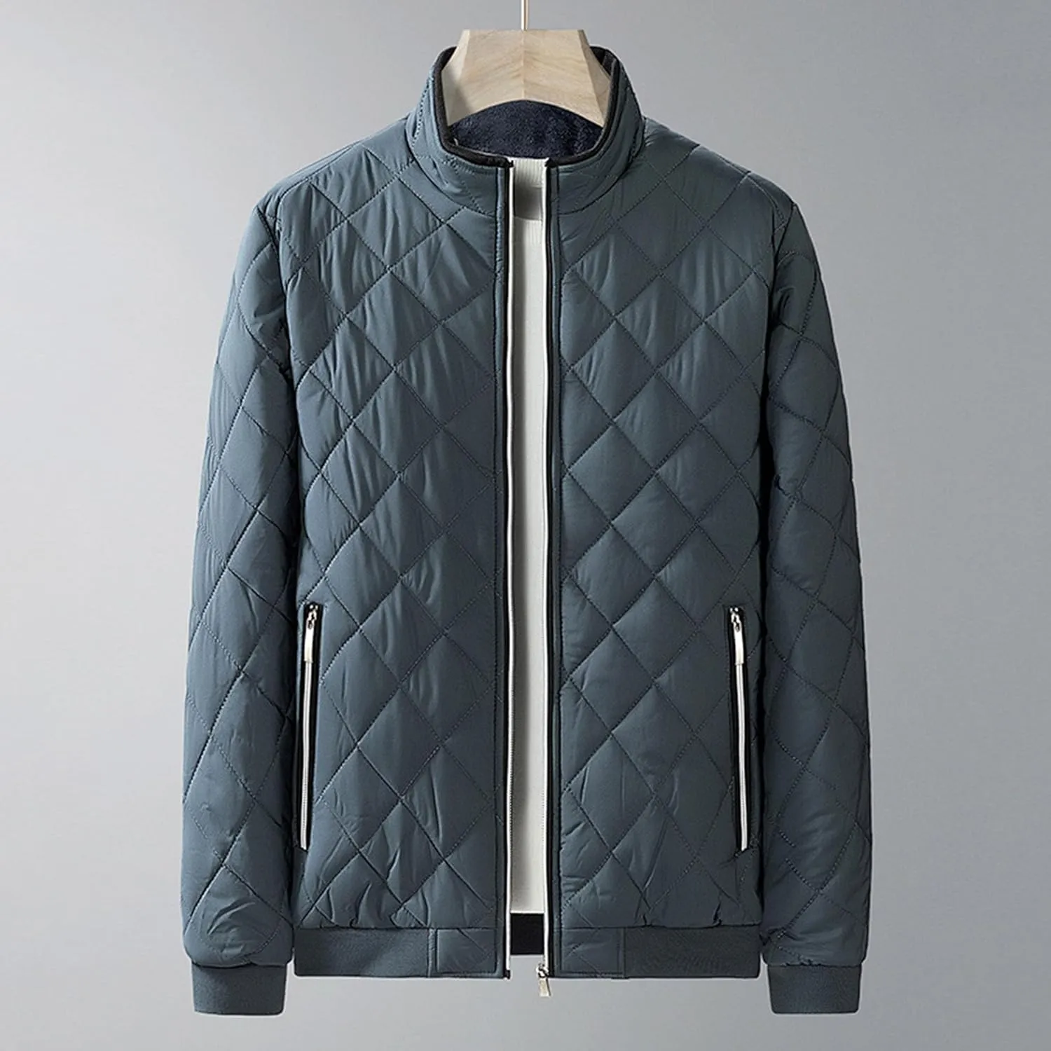 JEsilunmaMY Men's Stand Collar Diamond Quilted Jacket Fleece Lined Thermal Padded Jackets Winter Full Zipper Bomber Outwear
