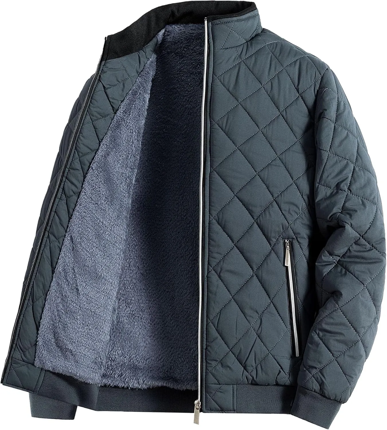 JEsilunmaMY Men's Stand Collar Diamond Quilted Jacket Fleece Lined Thermal Padded Jackets Winter Full Zipper Bomber Outwear