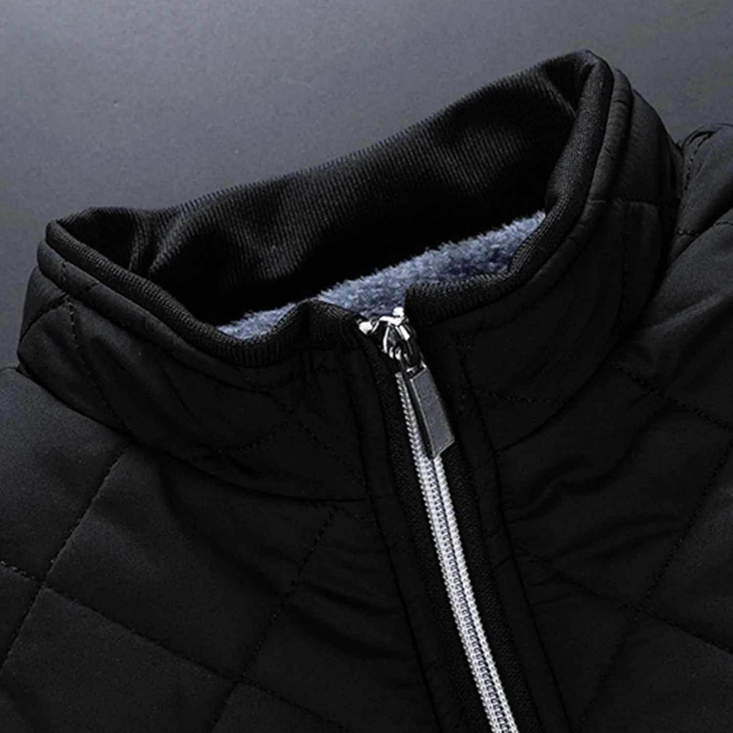 JEsilunmaMY Men's Stand Collar Diamond Quilted Jacket Fleece Lined Thermal Padded Jackets Winter Full Zipper Bomber Outwear