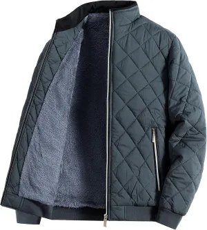 JEsilunmaMY Men's Stand Collar Diamond Quilted Jacket Fleece Lined Thermal Padded Jackets Winter Full Zipper Bomber Outwear