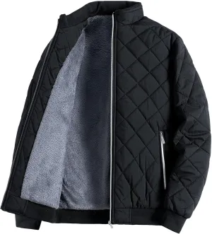 JEsilunmaMY Men's Stand Collar Diamond Quilted Jacket Fleece Lined Thermal Padded Jackets Winter Full Zipper Bomber Outwear