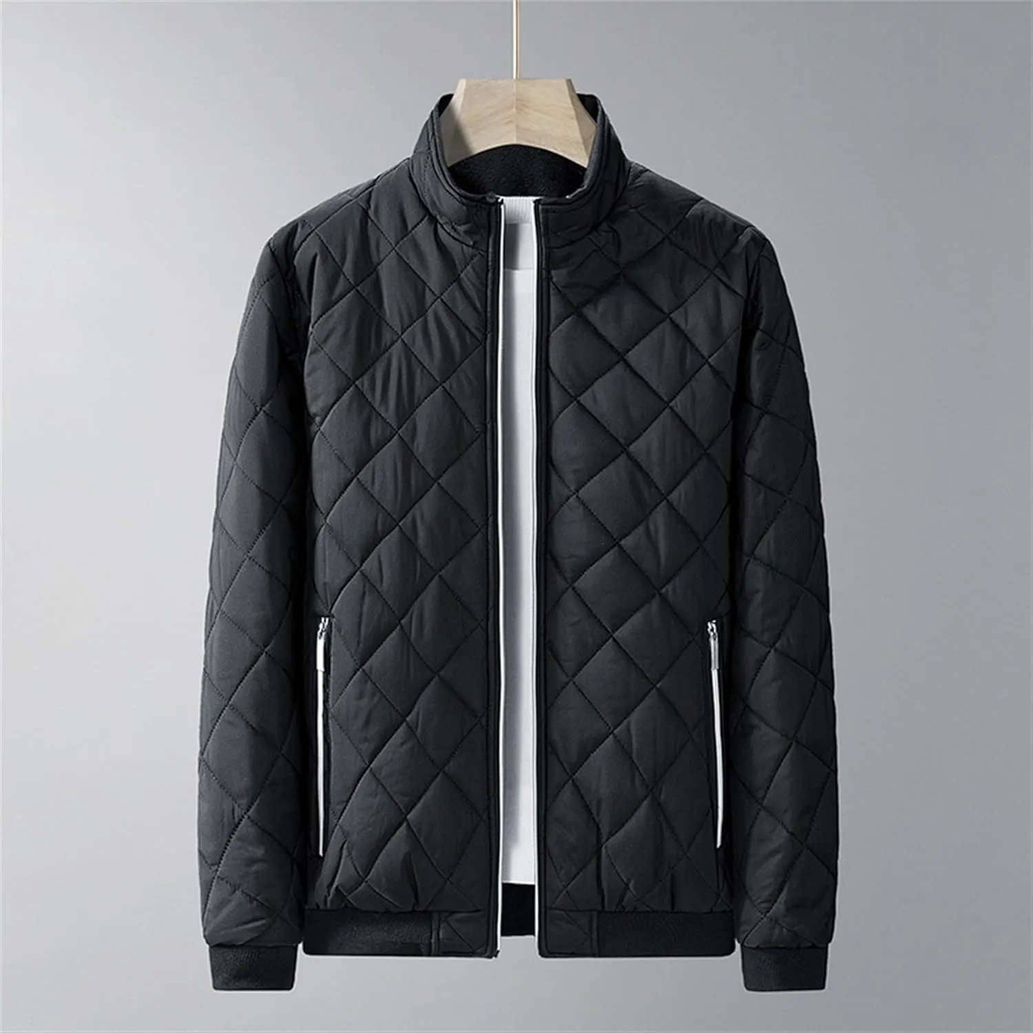 JEsilunmaMY Men's Stand Collar Diamond Quilted Jacket Fleece Lined Thermal Padded Jackets Winter Full Zipper Bomber Outwear