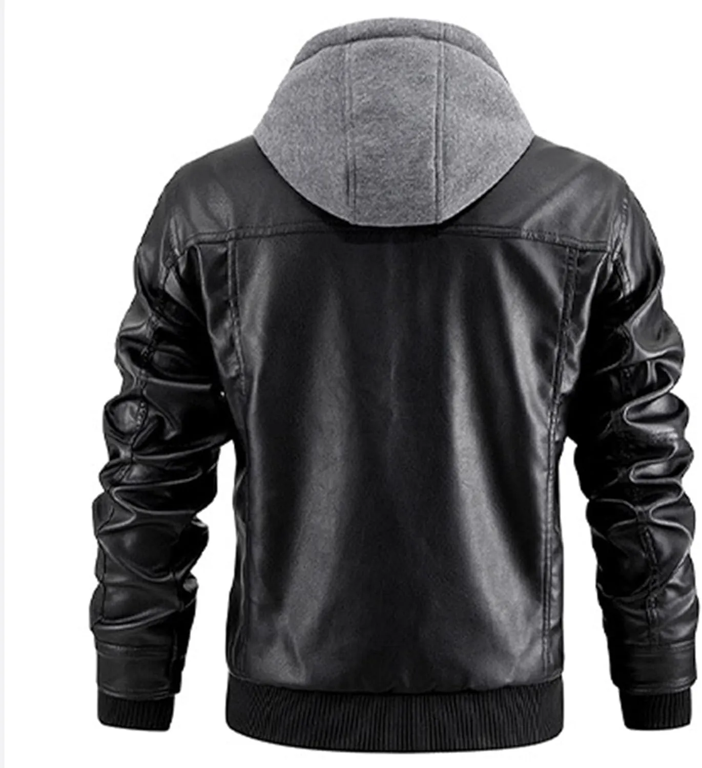 JEsilunmaMY Men's Stand Collar Faux Leather Jacket Motorcycle Bomber Jackets with Removable Hood Casual Warm Winter Coat