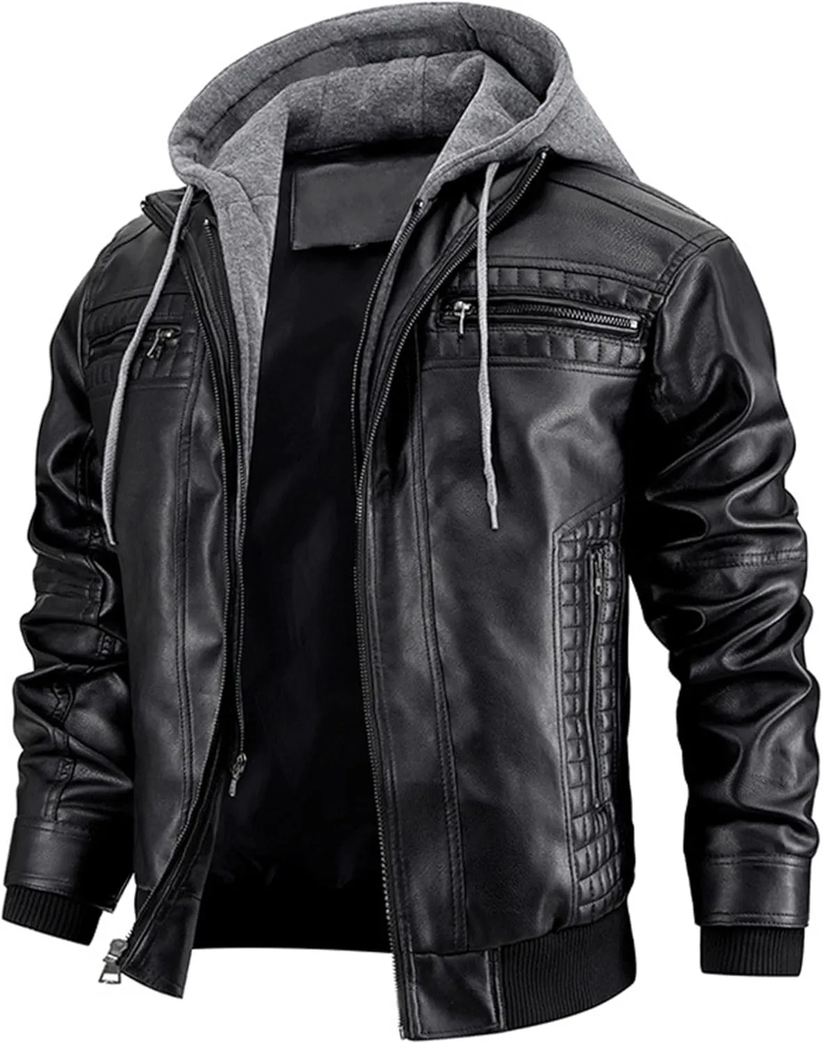 JEsilunmaMY Men's Stand Collar Faux Leather Jacket Motorcycle Bomber Jackets with Removable Hood Casual Warm Winter Coat