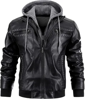 JEsilunmaMY Men's Stand Collar Faux Leather Jacket Motorcycle Bomber Jackets with Removable Hood Casual Warm Winter Coat