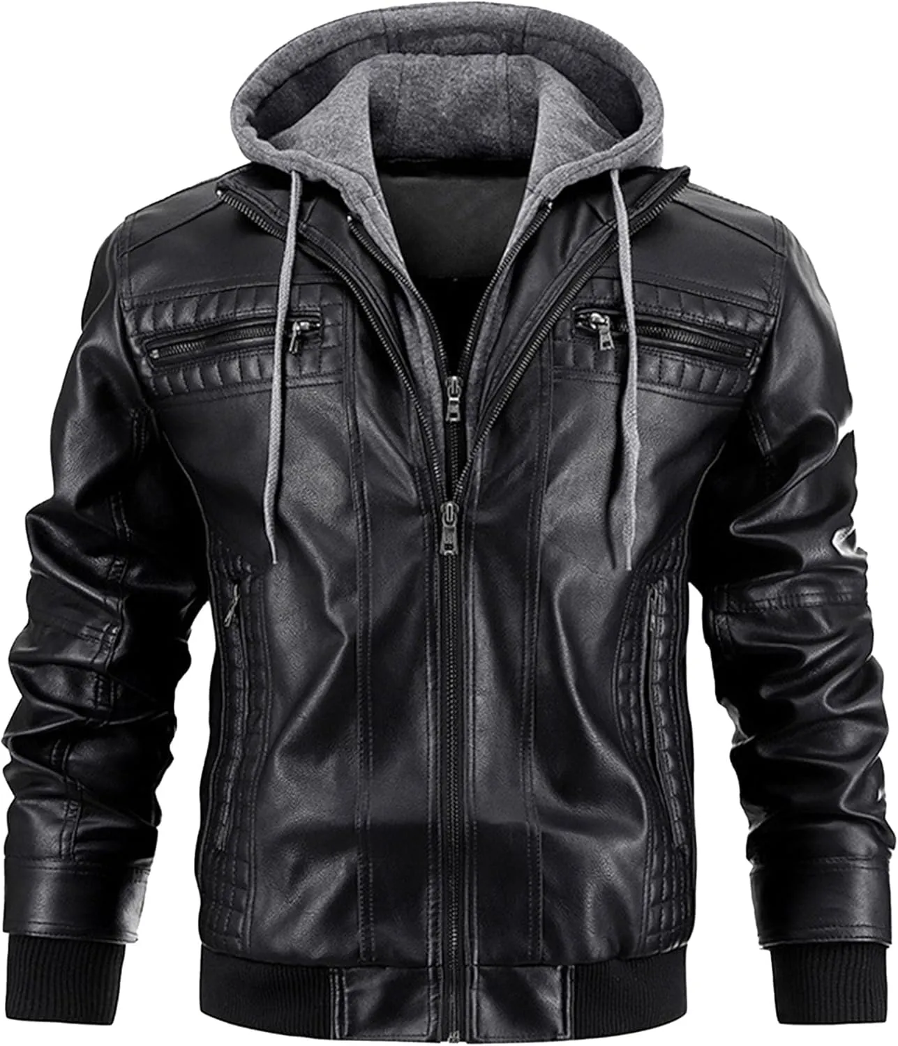 JEsilunmaMY Men's Stand Collar Faux Leather Jacket Motorcycle Bomber Jackets with Removable Hood Casual Warm Winter Coat