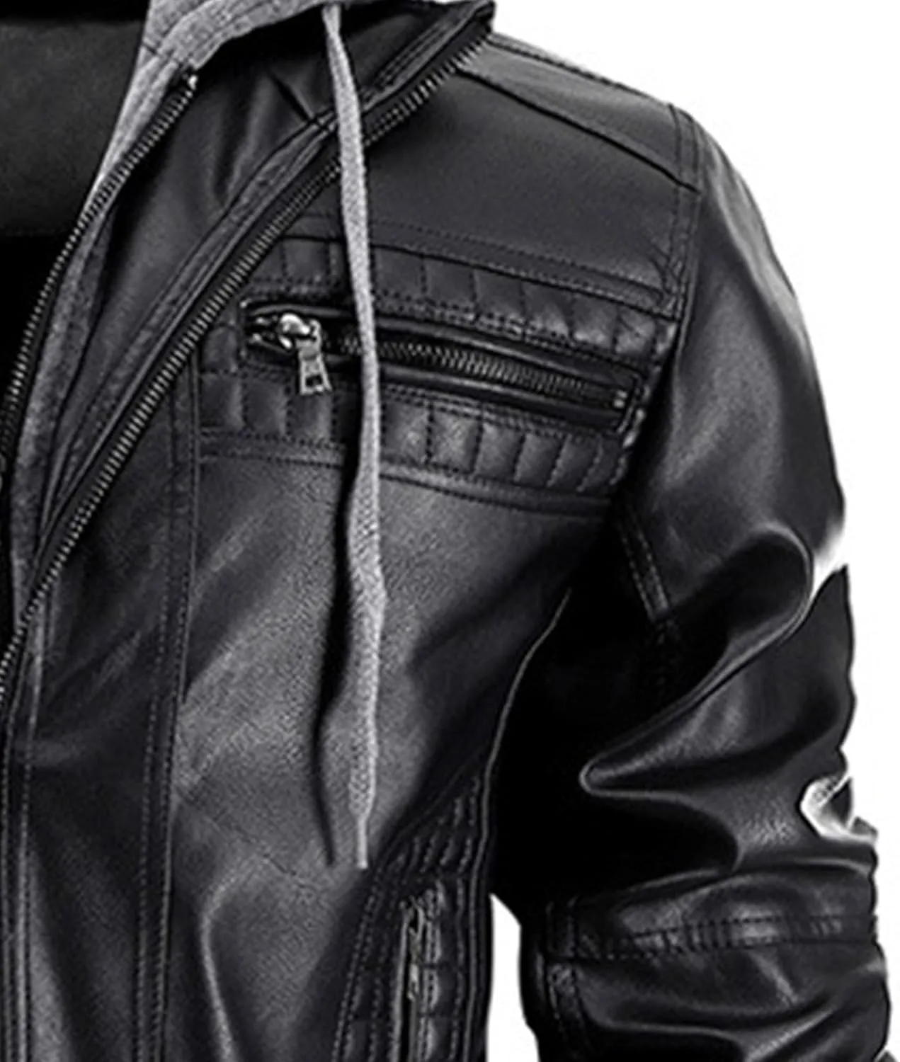 JEsilunmaMY Men's Stand Collar Faux Leather Jacket Motorcycle Bomber Jackets with Removable Hood Casual Warm Winter Coat