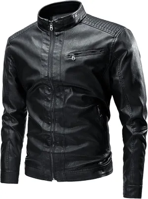 JEsilunmaMY Men's Stand Collar Moto Biker Coats Full Zip Winter Motorcycle Leather Coat Lightweight Windproof Bomber Jacket