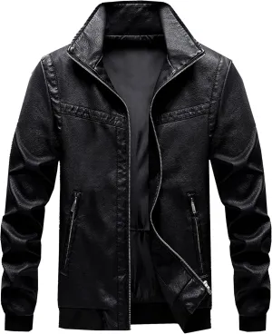 JEsilunmaMY Men's Thicken Sherpa Lined Leather Jacket Full Zip Stand Collar Motorcycle Bomber Jacket Warm Winter Biker Coats