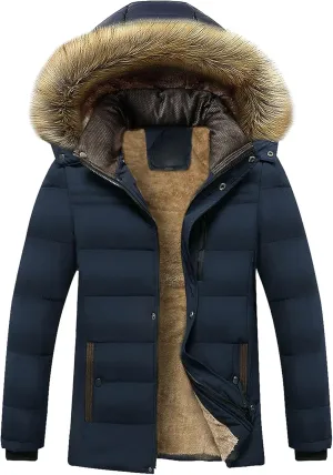JEsilunmaMY Men's Thicken Thermal Parka Down Jacket Fleece-Lined Puffer Jacket with Fur Hood Warm Sherpa Padded Winter Coats