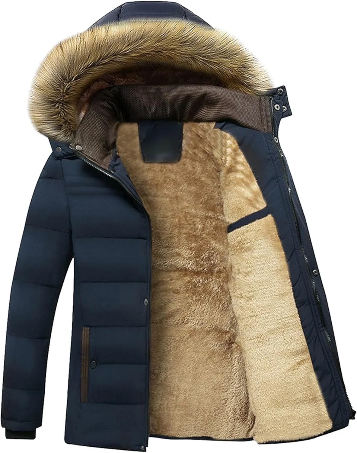 JEsilunmaMY Men's Thicken Thermal Parka Down Jacket Fleece-Lined Puffer Jacket with Fur Hood Warm Sherpa Padded Winter Coats
