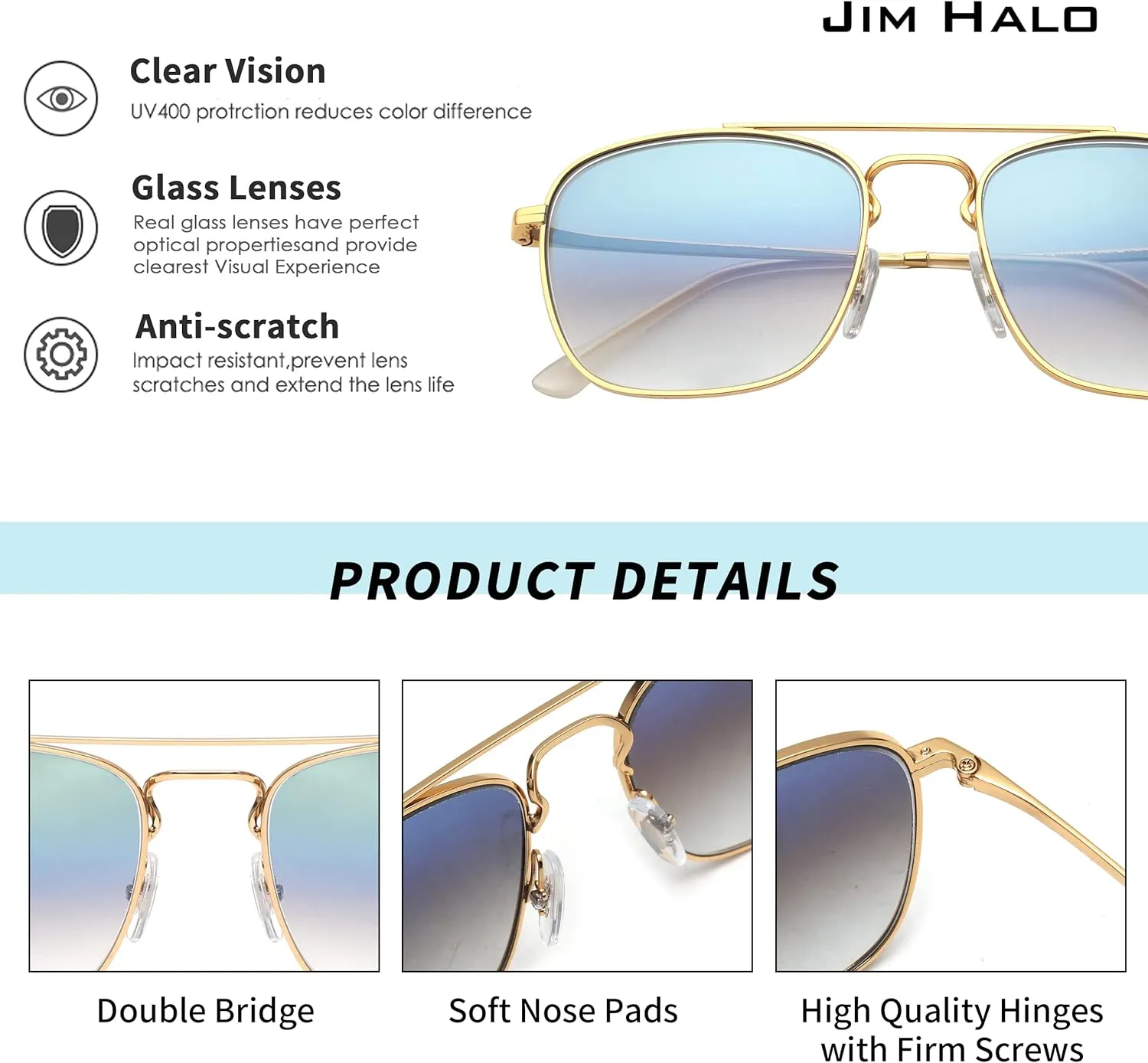 JIM HALO Retro Square Aviator Sunglasses Premium Glass Lens Flat Metal Eyewear Men Women