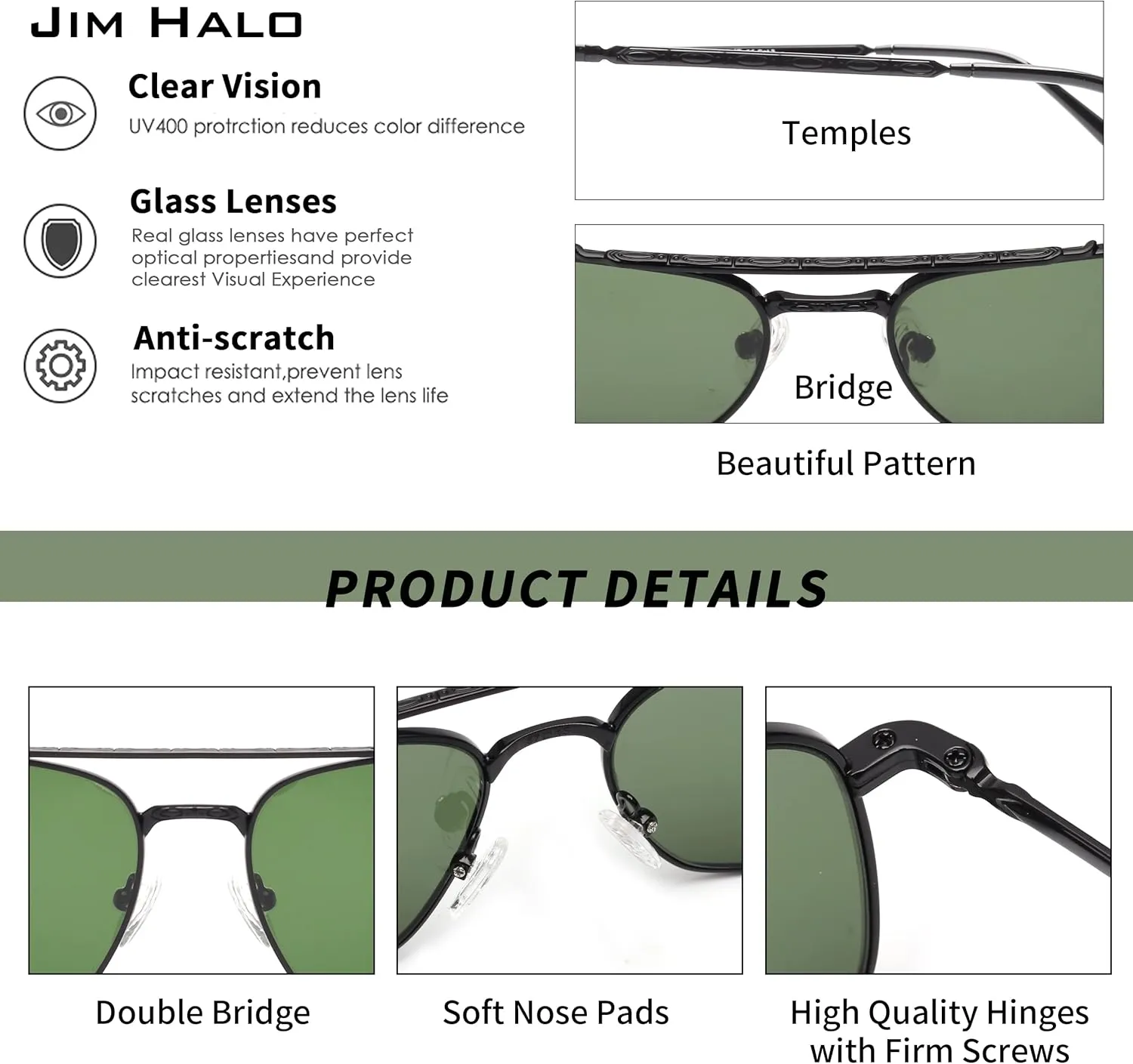 JIM HALO Retro Square Aviator Sunglasses Premium Glass Lens Flat Metal Eyewear Men Women