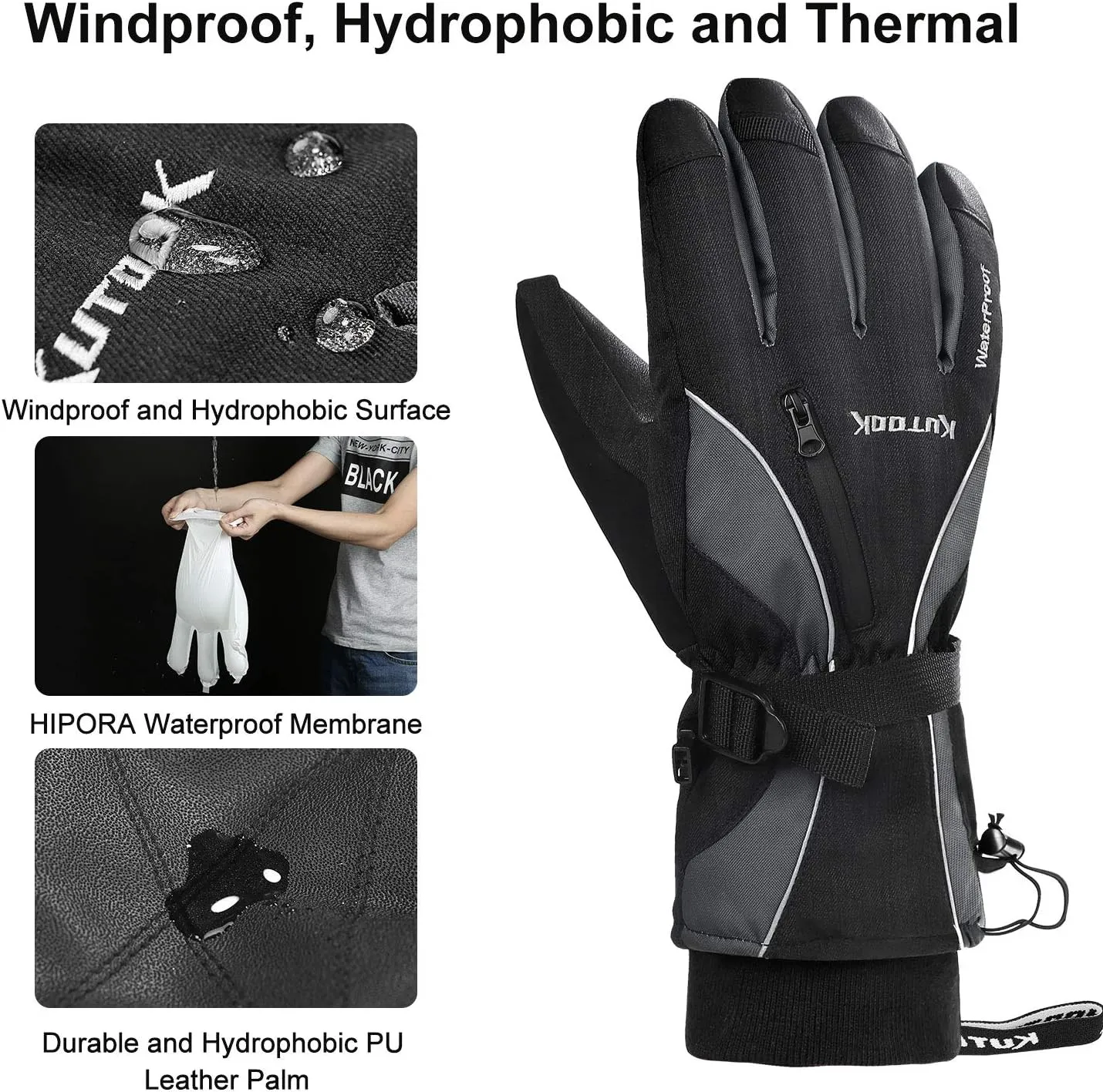 KUTOOK Waterproof Ski Gloves Thermal 3M Thinsulate Touch Screen for Men and Women