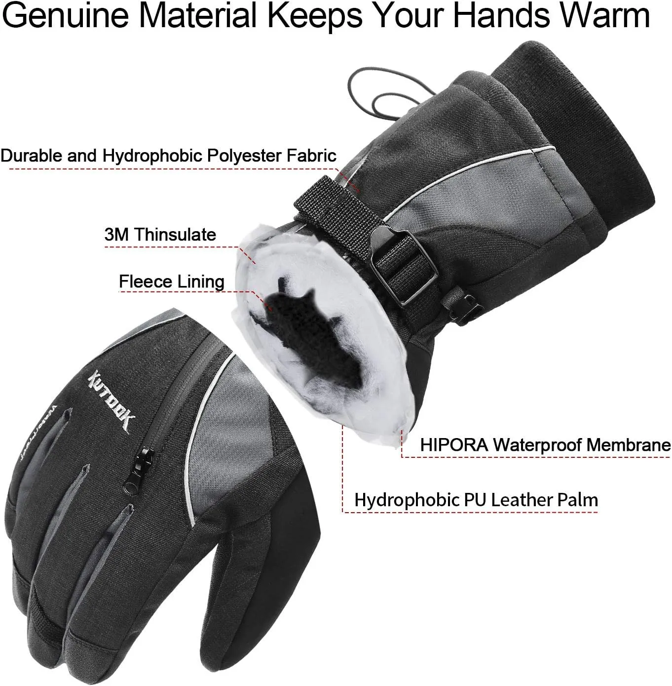 KUTOOK Waterproof Ski Gloves Thermal 3M Thinsulate Touch Screen for Men and Women