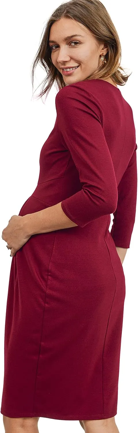 LaClef Women's Knee Length Midi Maternity Dress with Front Pleat - 3/4 Sleeve